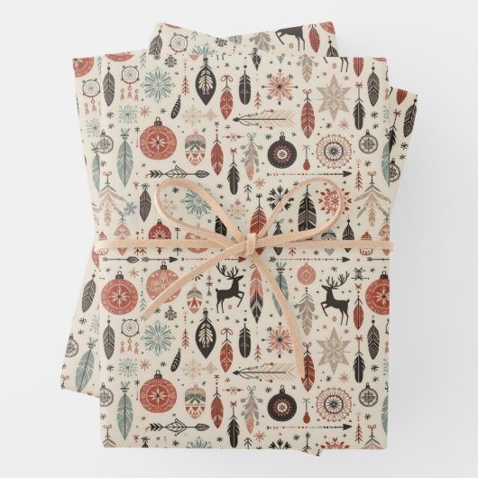 ベージュ魅力的リスマスフェザーとトナカイ ラッピングペーパーシート (インサイチュ)