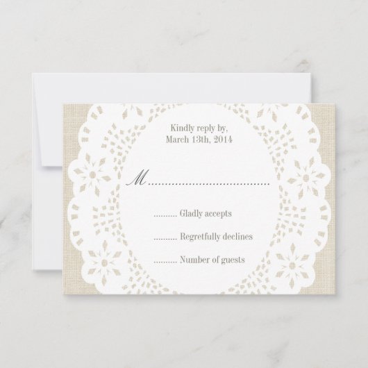 ベージュ麻布及びレースDoilie: RSVPカード (正面)