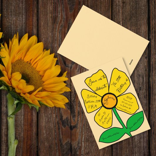 ベージュ50誕生日金ゴールドドードルフラワー 招待状