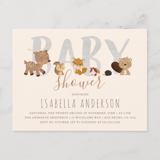ベージュ |かわいいウッドランド動物ニュートラル赤ちゃんシャワー インビテーションポストカード (正面)