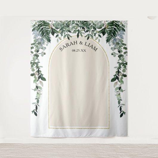 ベージュ アイボリー モダン アーチ ボタニカル ウェディング バックドロップ タペストリー (正面)