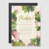 ベージュ |アロハハワイ熱帯金ゴールド誕生日パーティー マグネット招待状 (正面/裏面)