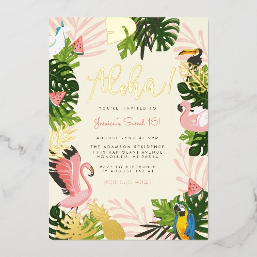 ベージュ |アロハハワイ熱帯金ゴールド誕生日パーティー 箔招待状 (正面)