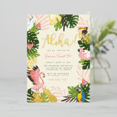 ベージュ |アロハハワイ熱帯金ゴールド誕生日パーティー 箔招待状 (立ち正面)