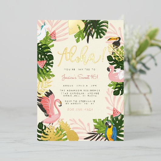 ベージュ |アロハハワイ熱帯金ゴールド誕生日パーティー 箔招待状 (立ち正面)