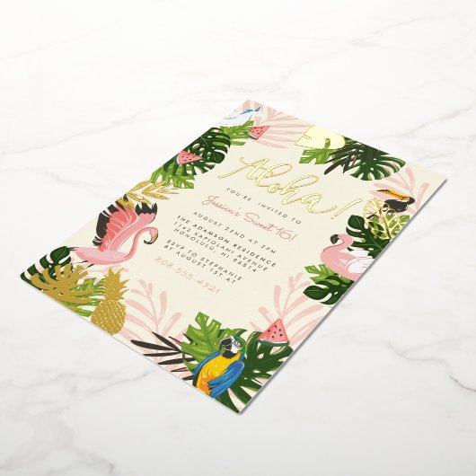 ベージュ |アロハハワイ熱帯金ゴールド誕生日パーティー 箔招待状 (回転した状態)