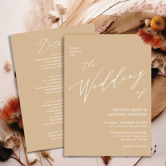 ベージュ エレガント スクリプト オールインワン ミニマル ウェディング 招待状