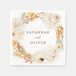 ベージュ&オレンジフローラ名ナプキンス スタンダードカクテルナプキン