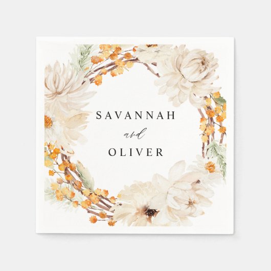 ベージュ&オレンジフローラ名ナプキンス スタンダードカクテルナプキン (正面)