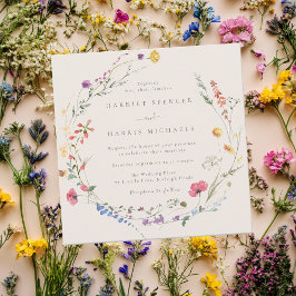 ベージュ&カラフルワイルドフラワーズオールシーズ結婚ーズ 招待状