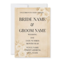 ベージュ+ゴールドのシンプルなフラワーモチーフの結婚式招待状