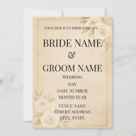 ベージュ+ゴールドのシンプルなフラワーモチーフの結婚式招待状 招待状