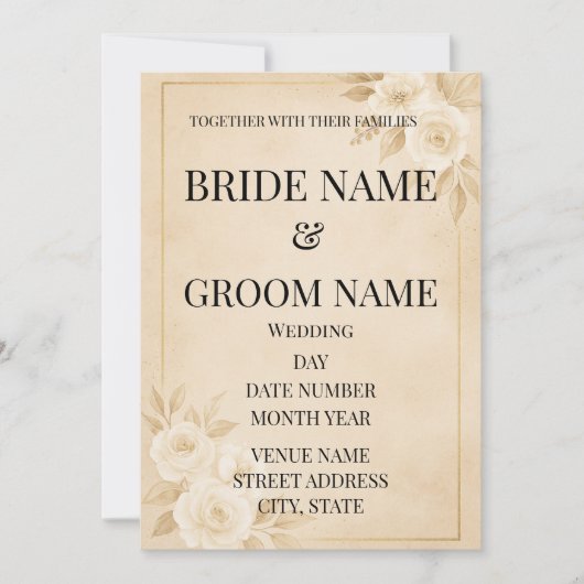 ベージュ+ゴールドのシンプルなフラワーモチーフの結婚式招待状 招待状 (正面)