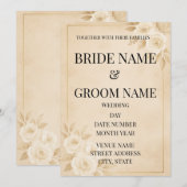 ベージュ+ゴールドのシンプルなフラワーモチーフの結婚式招待状 招待状 (正面/裏面)