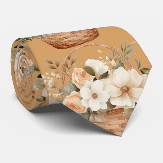 ベージュ ゴールド タン アイボリー ホワイト ウォーターカラー フローラル ネクタイ (ロール)