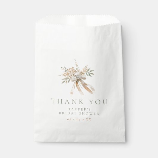 ベージュ&セージ花&ボウブライダルシャワーありがとう フェイバーバッグ (正面)