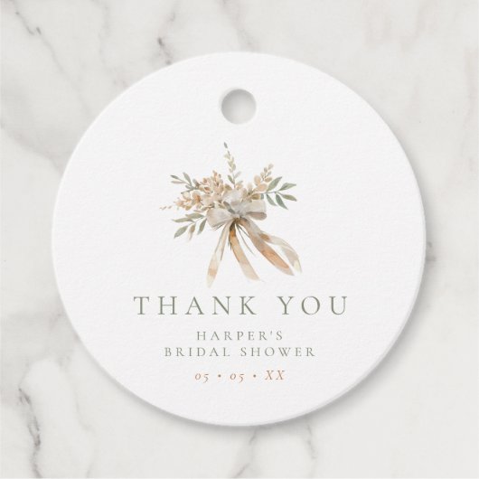 ベージュ & セージ フラワー & リボン ブライダルシャワー 感謝 フェイバータグ (正面)