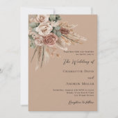 ベージュ タウペ ローズ パンパス グリーン 豪華 ウェディング 招待状 (正面)