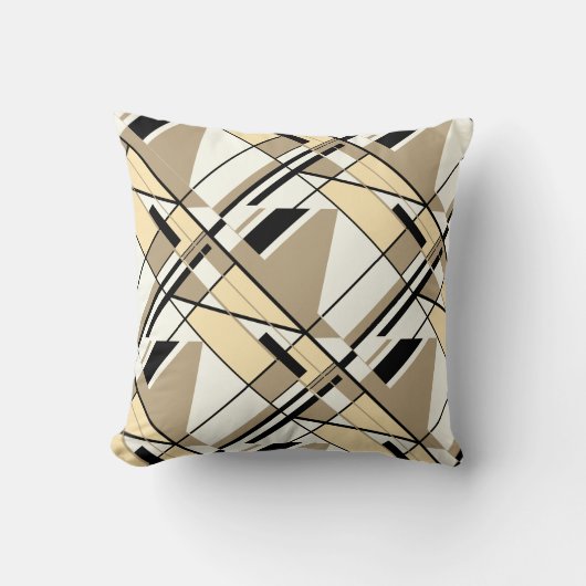 ベージュ、タン、黒オンホワイトリピートデザイン クッション (正面)