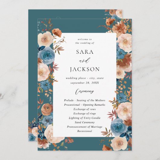ベージュ&ダスティブルーフローラ結婚式 プログラム-ティール(緑がかった色) 招待状 (正面/裏面)