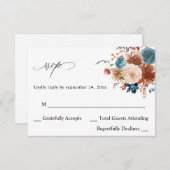 ベージュ&ダスティブルーフローラno食事RSVP 出欠カード (正面/裏面)