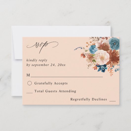 ベージュ&ダスティブルーフローラno食事RSVP 2 - Beige 出欠カード (正面)
