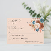 ベージュ&ダスティブルーフローラno食事RSVP 2 - Beige 出欠カード (スタンド正面)
