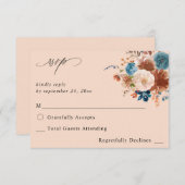 ベージュ&ダスティブルーフローラno食事RSVP 2 - Beige 出欠カード (正面/裏面)