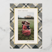 ベージュ&ダークグリーンタータンチェックメリークリスマスフォト 箔シーズンカード (正面)