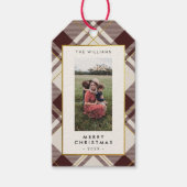 ベージュ&ダークレッドタータンチェック格子写真クリスマス ギフトタグ (正面)