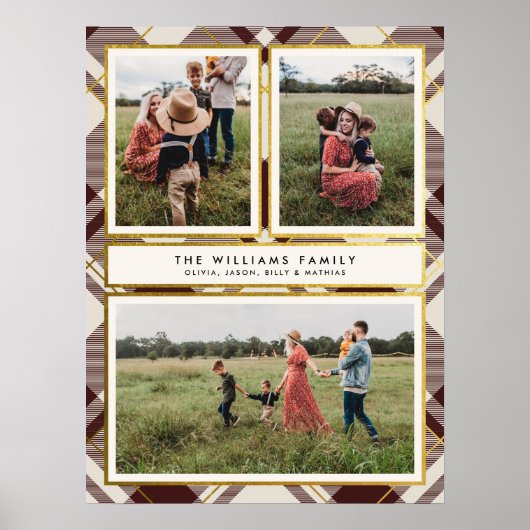 ベージュ&ダークレッドタータンチェック3フォトコラージクリスマス ポスター (正面)