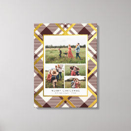 ベージュ&ダークレッドタータンチェック4フォトコラージクリスマス キャンバスプリント