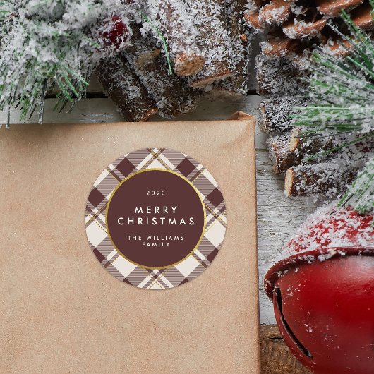 ベージュ & ダークレッド タルタン プライド メリークリスマス ラウンドシール