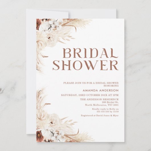 ベージュ テラコッタ ボヘミアンフラワー ブライダルシャワー 招待状 (正面)