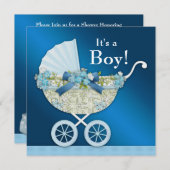 ベージュ ネイビー ブルー 赤ちゃんのベビーカー 男の子のシャワー 招待状 (正面/裏面)