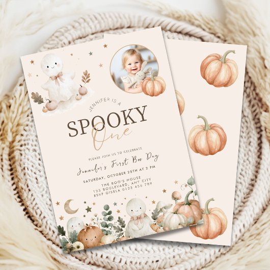 ベージュ ハロウィン スプーキー 1歳の誕生日 招待状