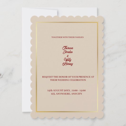 ベージュ&バエレガントルガンディフローラ結婚式招待状 招待状 (正面)