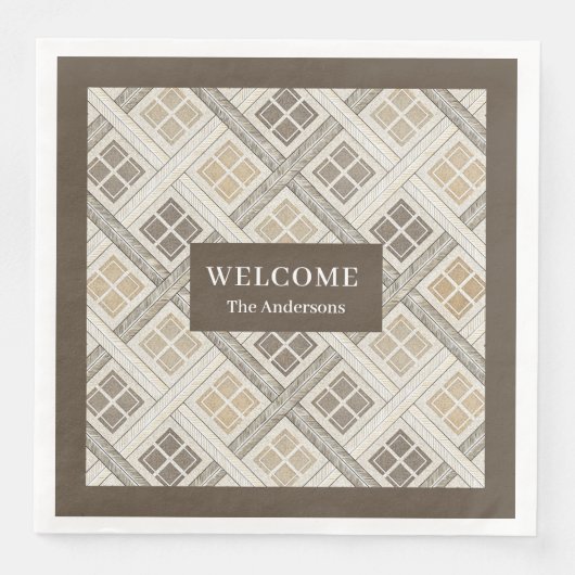 ベージュ&パーソナライズされたブラウンナプキンズシック幾何学模様 (正面)