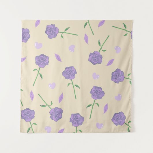 ベージュ パープル ローズ フラワーボヘミアンビジュー植物柄 タペストリー (正面)