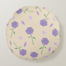 ベージュ パープル ローズ フラワーボヘミアンビジュー植物柄 ラウンドクッション
