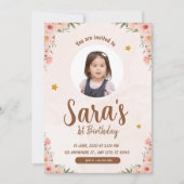 ベージュ&ピンクウォーターカラーフラワー1stバースデーフォト 招待状 (正面)