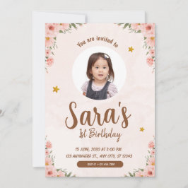ベージュ&ピンクウォーターカラーフラワー1stバースデーフォト 招待状