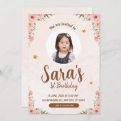 ベージュ&ピンクウォーターカラーフラワー1stバースデーフォト 招待状 (正面/裏面)
