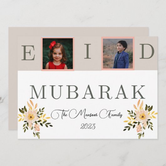 ベージュ&ピーチ花模様Eid挨拶 シーズンカード (正面/裏面)