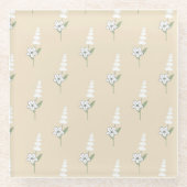 ベージュ フラワー ボヘミアンビタミン ボタニカルパターン ガラスコースター (正面)