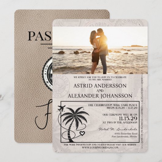 ベージュ フロリダ パスポート 結婚式招待状 招待状 (正面/裏面)