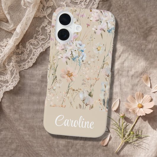 ベージュ フローラル 名入れ  iPhone 16ケース