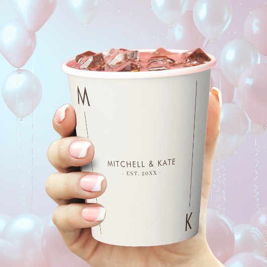 ベージュ ブラウン シンプルライン モノグラム ウェディング 紙コップ