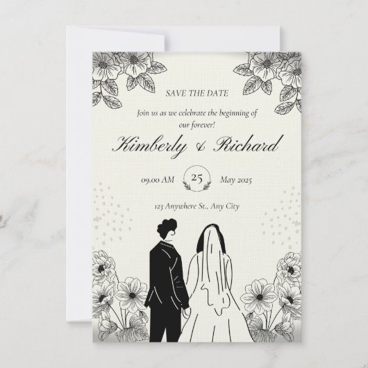 ベージュ ブラック シンプル イラスト 結婚式 招待状 (正面)