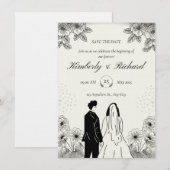 ベージュ ブラック シンプル イラスト 結婚式 招待状 (正面/裏面)